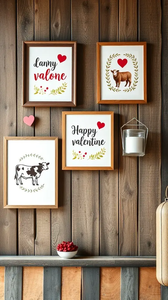 29+ Charming Farmhouse Valentine Decor Ideas You’ll Love 13 A collection of farm-themed Valentine prints framed on a wooden wall, featuring a sheep, a cow, and festive text.