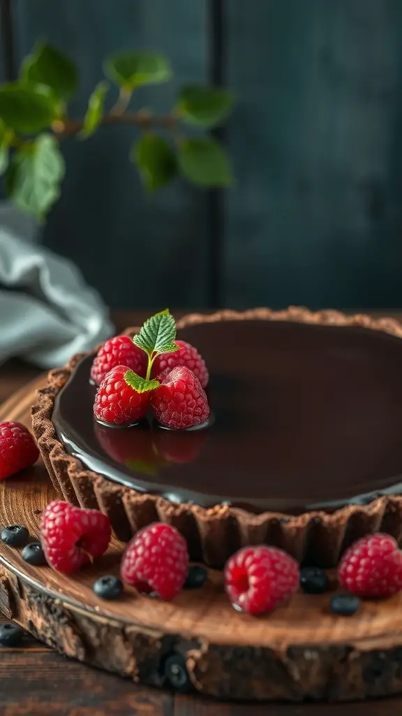 29+ Irresistible Valentine Dessert Ideas You Need to Try 11 A rich chocolate raspberry tart topped with fresh raspberries and mint leaves, placed on a wooden board.