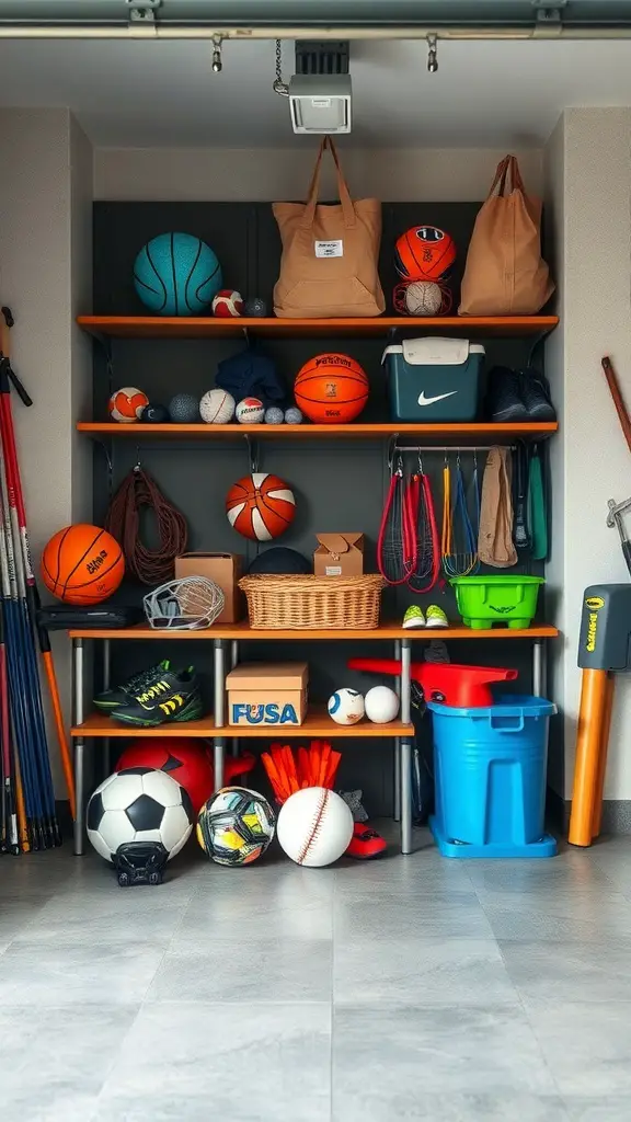 Organized sports corner in a garage with various sports equipment on shelves.