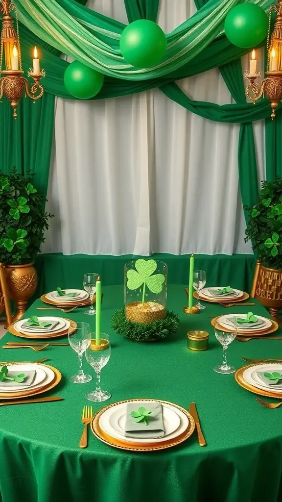 A beautifully decorated green table for St. Patrick's Day with shamrock decorations and candles.