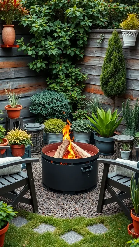 A portable fire pit surrounded by greenery and potted plants in a small garden.