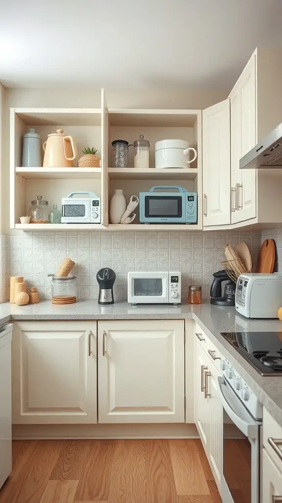 29+ Clever Kitchen Storage Ideas to Maximize Space 16 A well-organized kitchen with appliances stored efficiently on shelves and countertops.