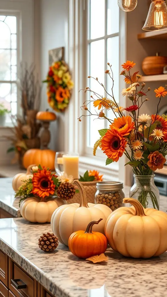 29+ Stunning Countertop Decor Ideas to Elevate Your Space 12 A kitchen countertop decorated with white and orange pumpkins, sunflowers, and pinecones for autumn.