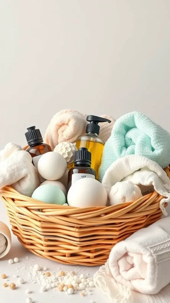 A cozy basket filled with towels, bath products, and spa essentials.
