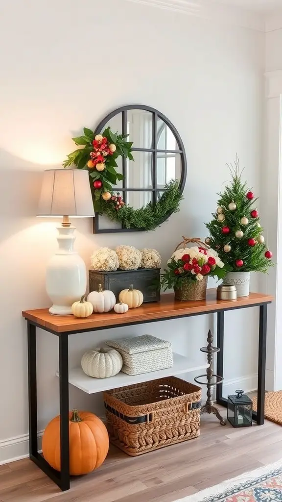An entryway table decorated with pumpkins, a wreath, and autumn-themed decor.