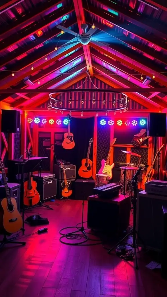 27+ Creative Party Shed Ideas 11 A vibrant music and dance shed with guitars, amplifiers, and colorful lights.