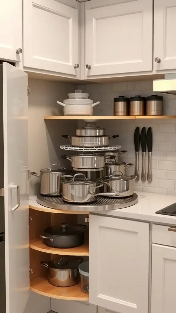 Corner kitchen cabinet with a lazy Susan holding pots and pans.