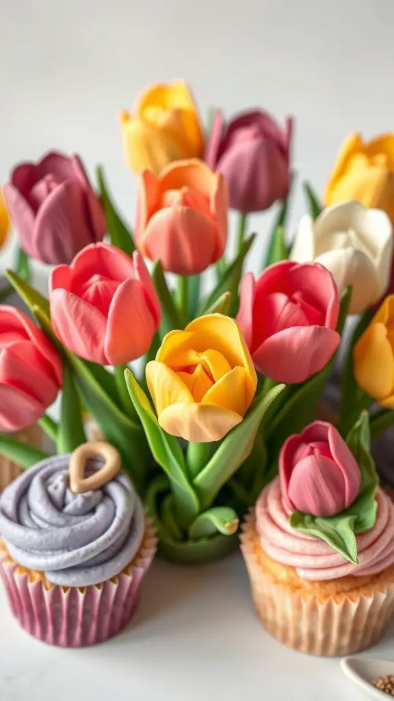 Colorful tulip cupcakes with vibrant flower decorations
