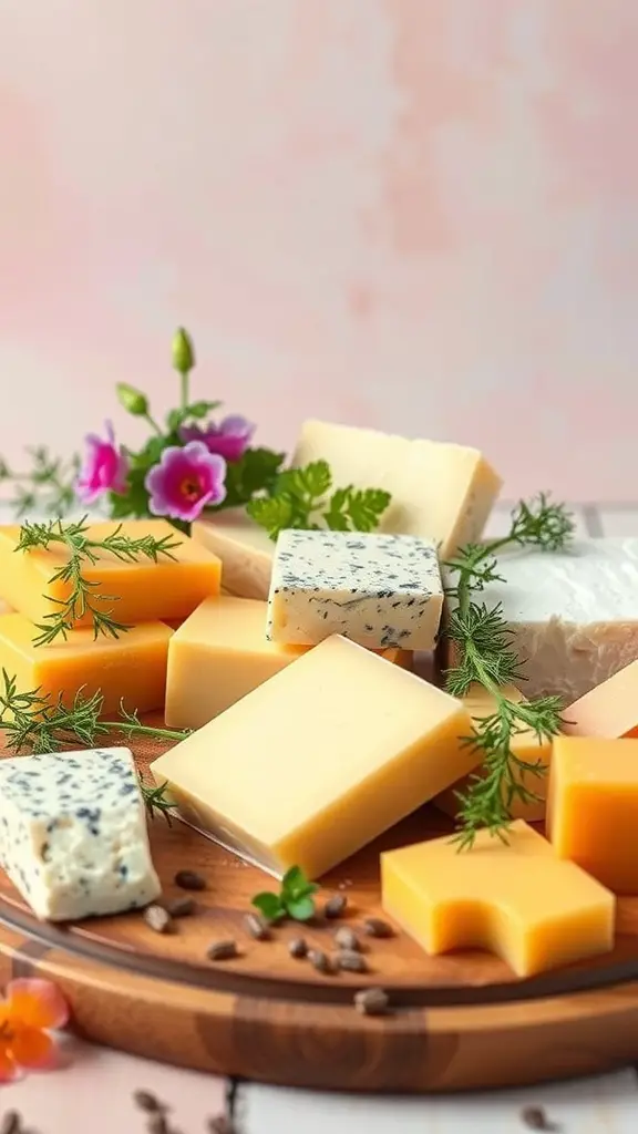 51+ Creative Easter Charcuterie Board Ideas 8 A selection of various cheeses arranged on a wooden board with herbs and flowers.