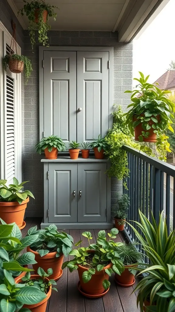 29+ Inspiring Balcony Cabinet Ideas 6 A balcony featuring a grey built-in cabinet surrounded by potted plants.