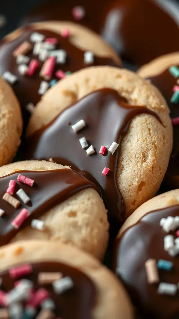 Close-up of chocolate-dipped sugar cookies with colorful sprinkles