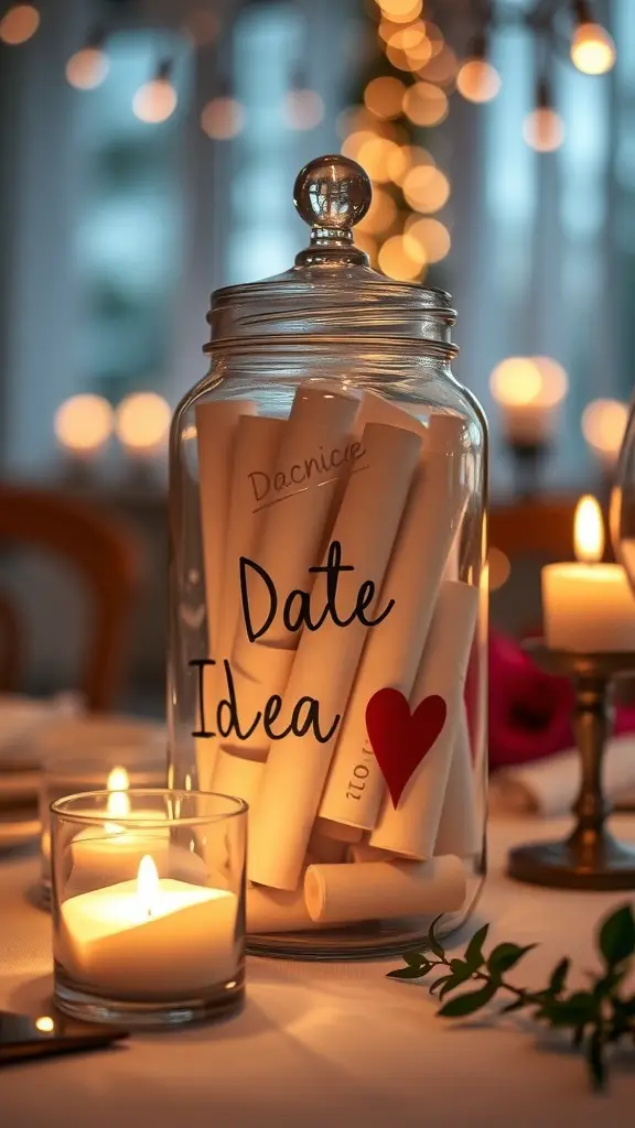 A glass jar filled with rolled paper date ideas, surrounded by candles and a romantic setting.