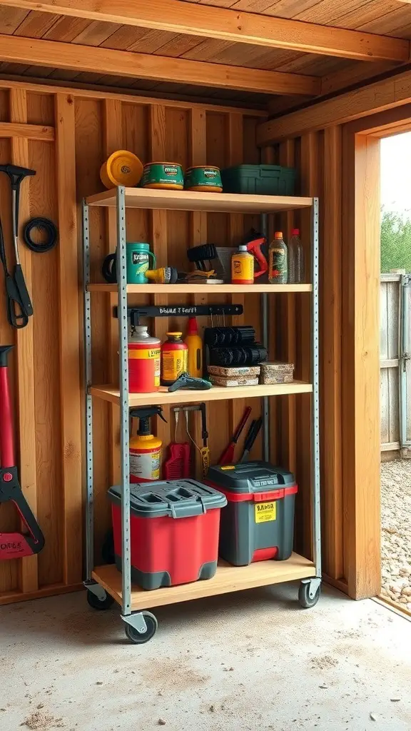 A rolling shelf unit with various tools and containers in a shed.