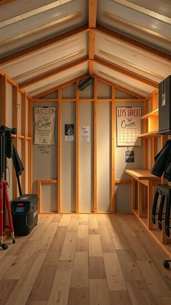 Interior view of an insulated shed with wooden beams and a cozy layout