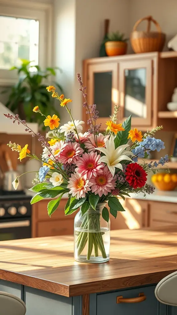 A colorful seasonal floral arrangement in a glass vase on a kitchen table.