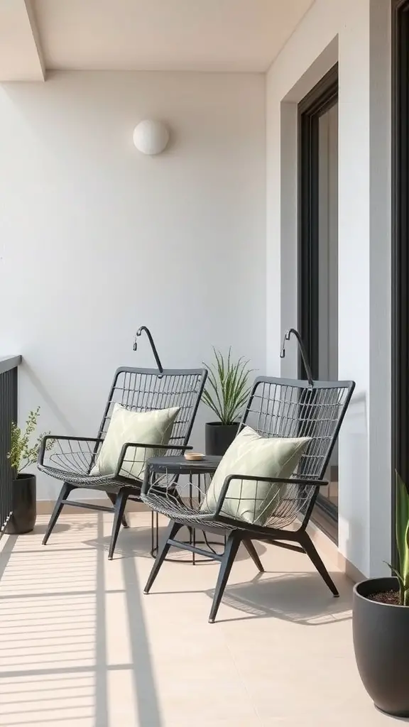 Two modern sling chairs with cushions on a small balcony, accompanied by a small table and potted plants.