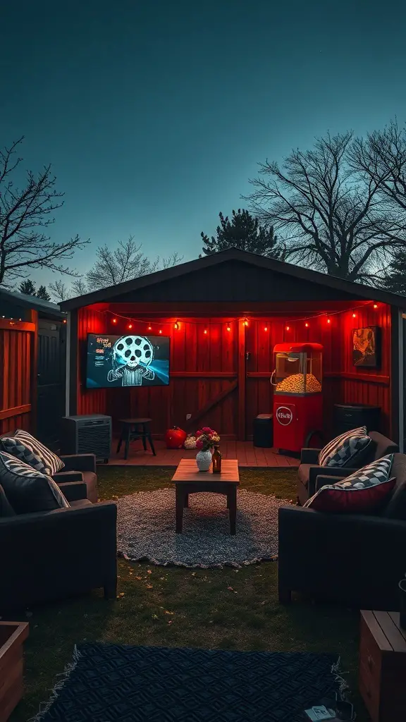 27+ Creative Party Shed Ideas 8 A cozy shed transformed into a movie night space with a screen, popcorn machine, and comfortable seating.