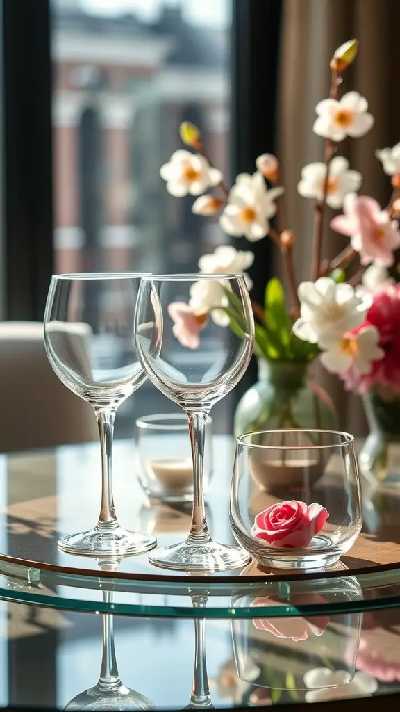 A stylish coffee table display featuring two wine glasses and a small bowl with a rose, surrounded by flowers.