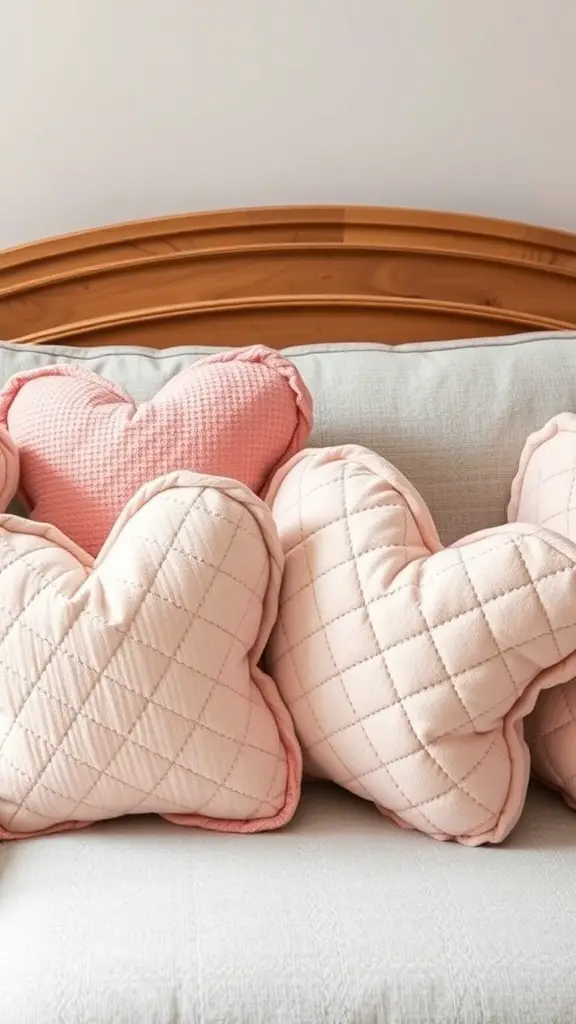 A collection of quilted heart pillows in soft pink hues arranged on a light-colored couch.