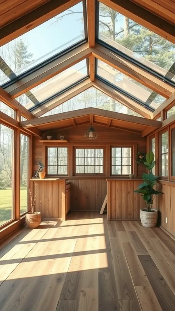 27+ Inspiring Tiny Shed House Ideas 13 Interior of a tiny shed house with large windows and wooden decor