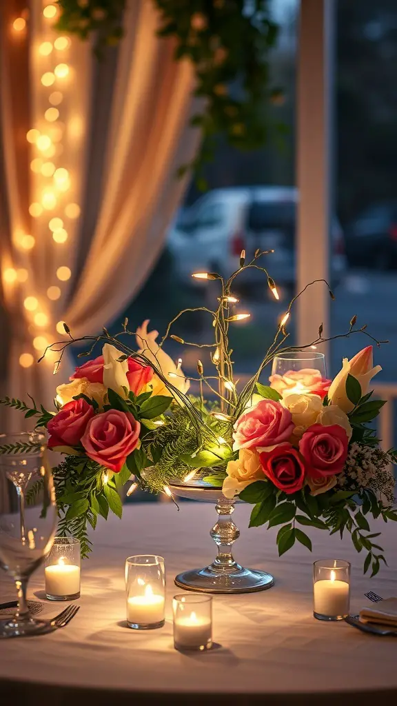 23+ Stunning Valentine's Day Centerpiece Ideas for a Romantic Atmosphere 11 A romantic table centerpiece featuring roses, greenery, and fairy lights.