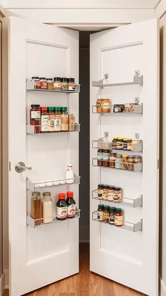 Pantry doors with shelves holding various jars and spices