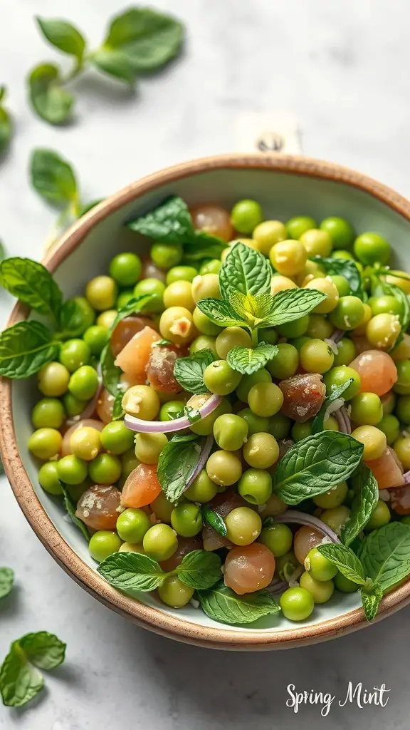 A bowl of Spring Pea and Mint Salad with fresh peas, mint leaves, and diced tomatoes.