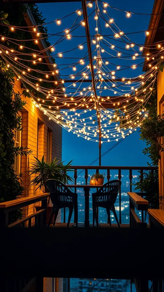 23+ Stylish Mini Balcony Ideas 10 A mini balcony with a string light canopy creating a cozy atmosphere at night.
