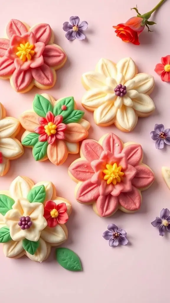 Colorful floral sugar cookies decorated with icing on a pink background.