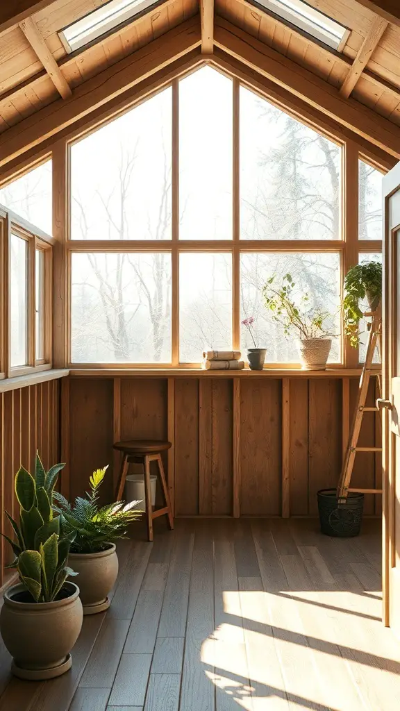 A bright and airy she shed with large windows and wooden interior.