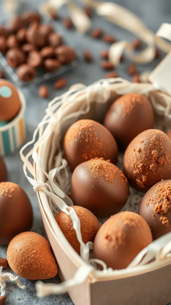 An assortment of chocolate egg truffles in a basket, some dusted with cocoa powder.