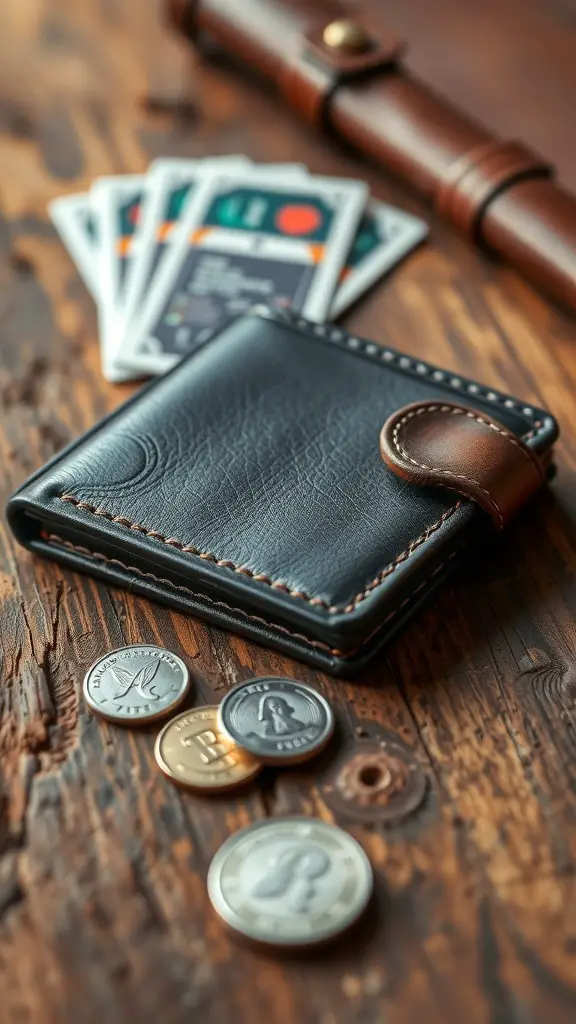 A stylish black leather wallet with brown accents, coins, and cards on a wooden surface.