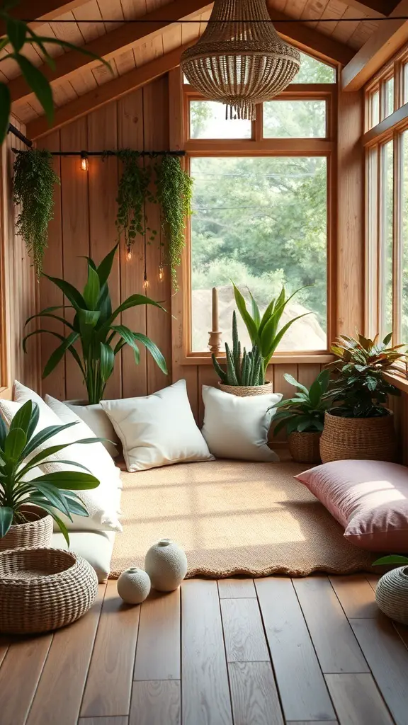 27+ Creative Party Shed Ideas 13 A cozy zen meditation shed with wooden walls, cushions, and plants, creating a serene atmosphere.