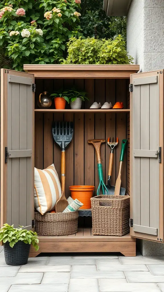 A weatherproof outdoor cabinet with gardening tools and decorative items inside.