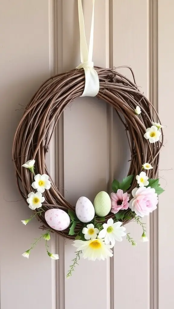 A spring-themed grapevine wreath adorned with colorful flowers and decorative eggs, hung on a wooden door.