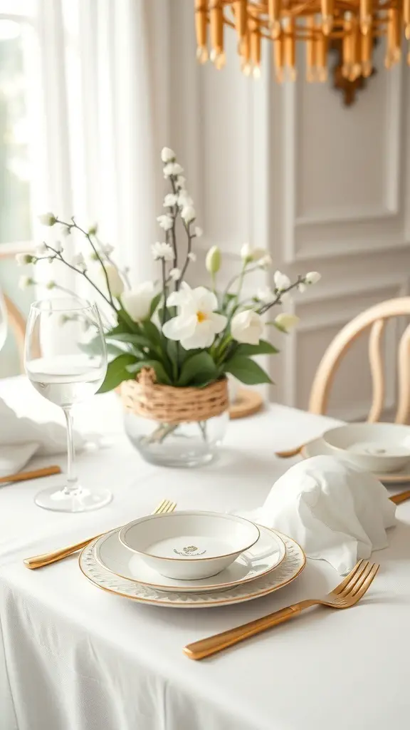 A beautifully set table featuring white and gold dinnerware, with a floral centerpiece and elegant glassware.