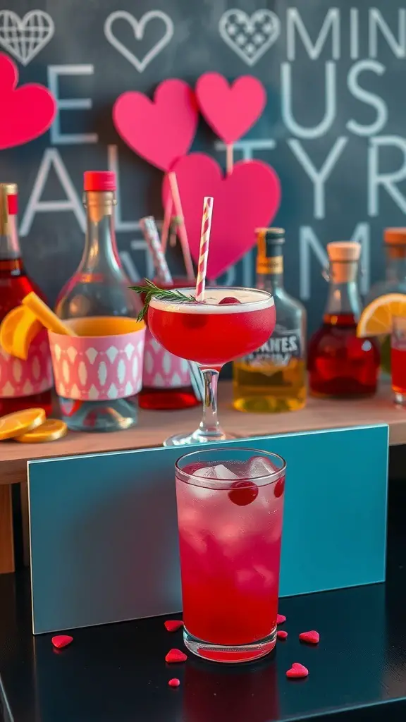 Colorful cocktails with heart decorations for a Galentine's party