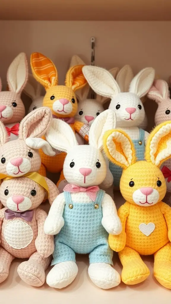 A collection of colorful Easter Bunny plush toys in various styles and outfits.