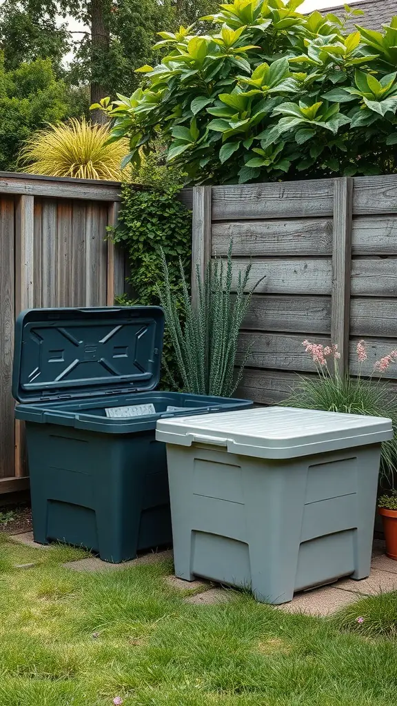 Two plastic storage boxes in a garden setting, one grey and one dark green, surrounded by plants.