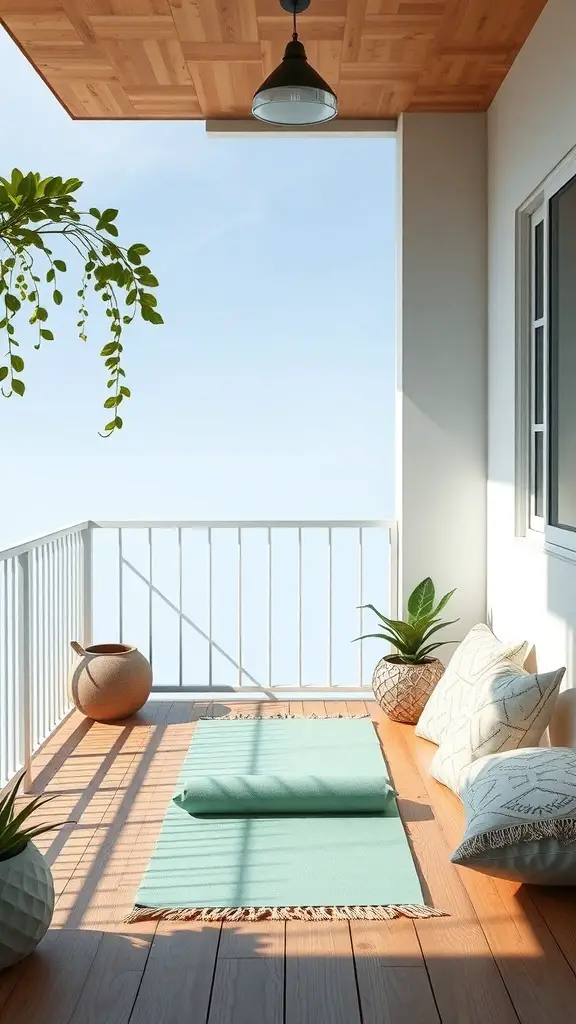 A serene balcony meditation corner with a mat, cushions, and plants.