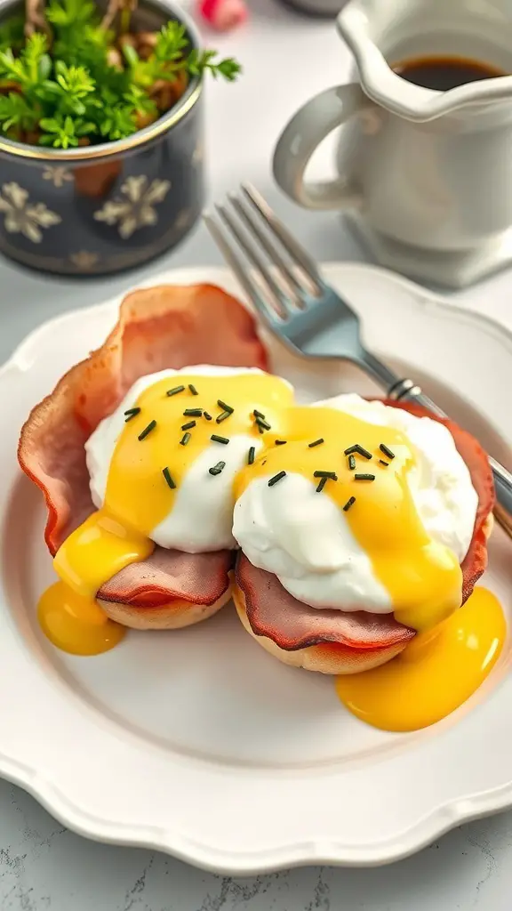 A plate of Classic Eggs Benedict with poached eggs, Canadian bacon, and hollandaise sauce
