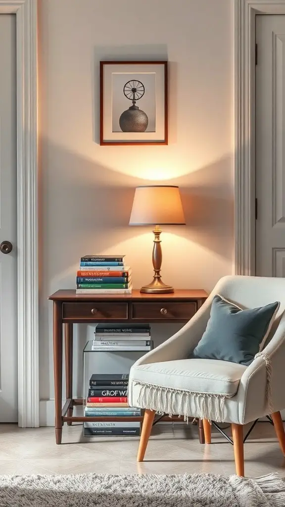 Cozy reading nook with a chair, lamp, and books on a table