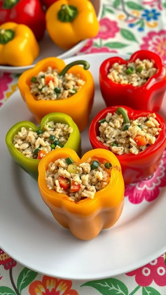 Heart-shaped stuffed bell peppers filled with rice and vegetables on a colorful tablecloth.