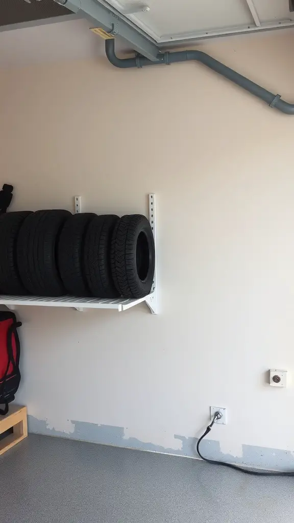 A garage wall with mounted shelves holding tires for seasonal storage.