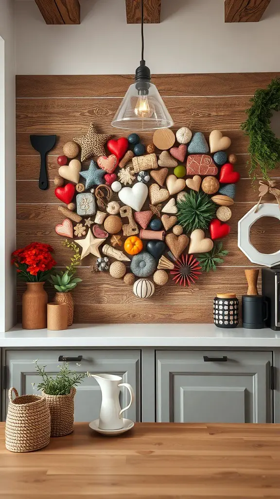 Heart-shaped wall art made from various materials, displayed on a wooden wall in a kitchen setting.