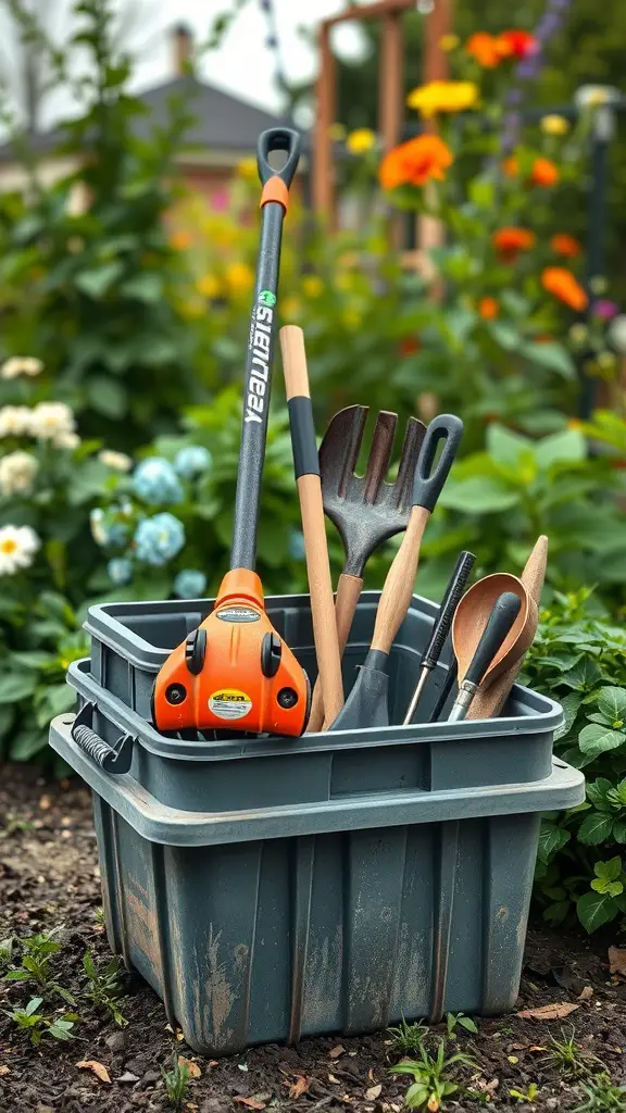 A stackable storage container filled with gardening tools, including a weedeater, shovel, and trowels, surrounded by colorful flowers.