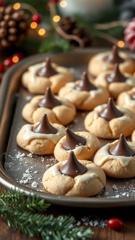 A tray of Peanut Butter Blossom Cookies topped with Hershey's Kisses, surrounded by festive decorations.