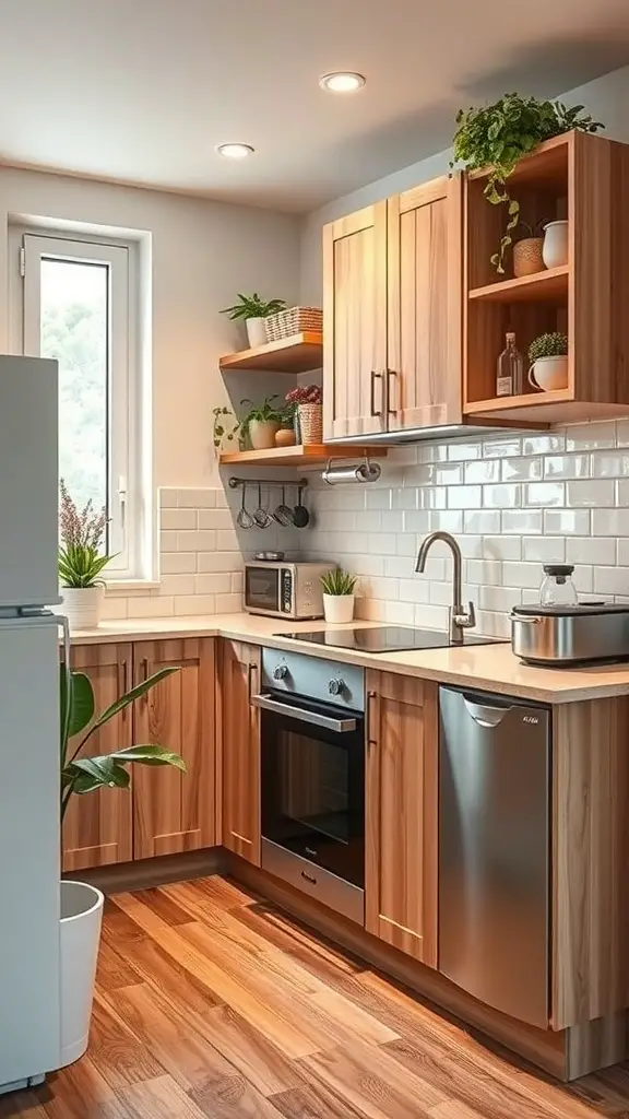 Compact kitchen layout with wooden cabinets, modern appliances, and plants on shelves.