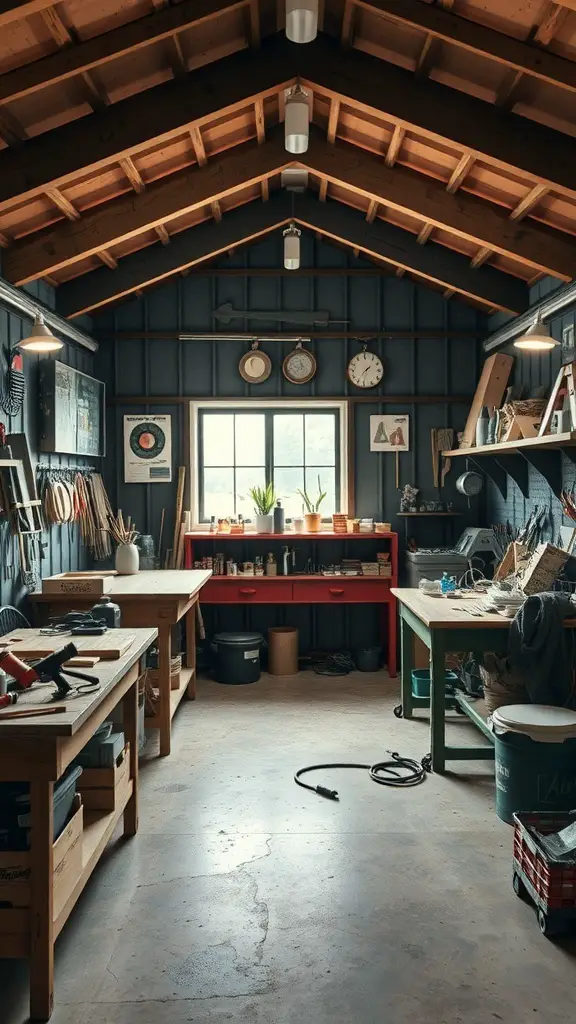 A cozy DIY workshop with wooden workbenches, tools, and natural light.