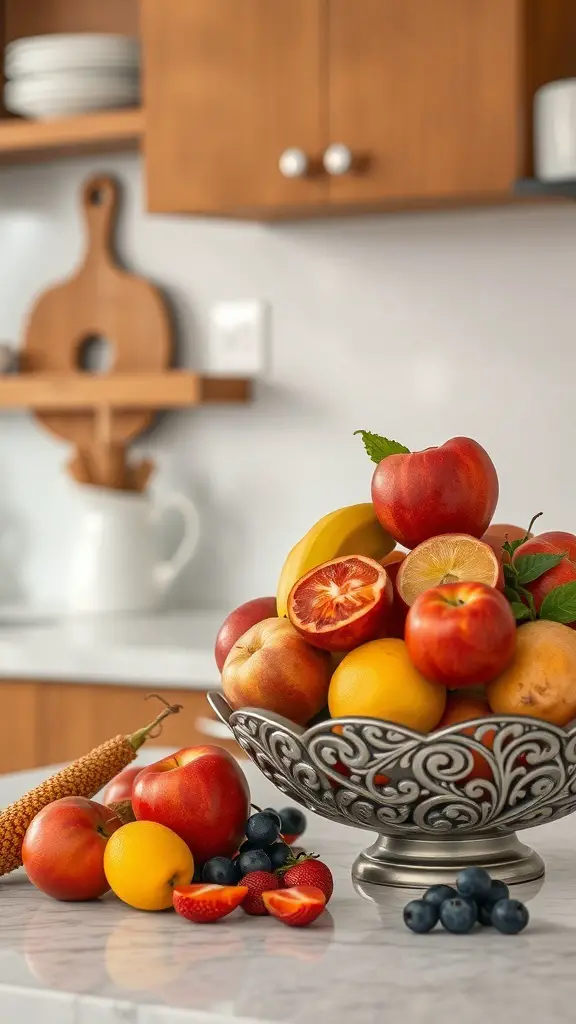 29+ Stunning Kitchen Countertop Decor Ideas 4 A decorative bowl filled with various fruits on a kitchen countertop